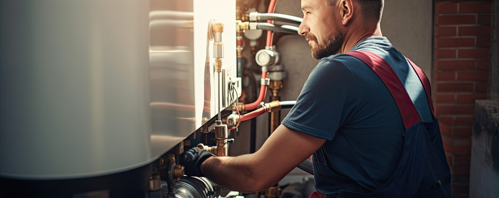 worker plumber set up heating boiler. panorama photo