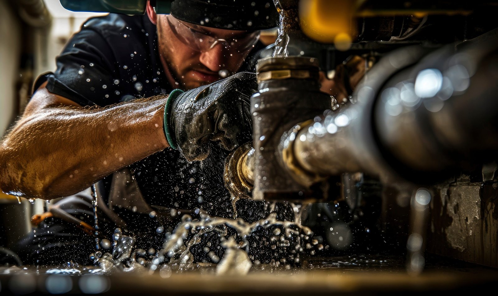 stationary water engineer at work. plumber carefully fixes a leak from tubes using a wrench.
