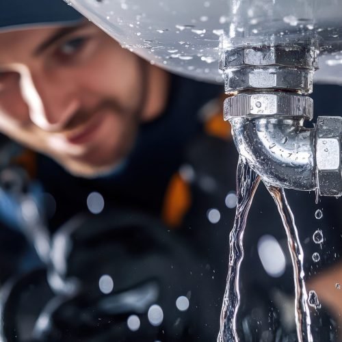 a plumber is inspecting a leaking pipe with water flowing out