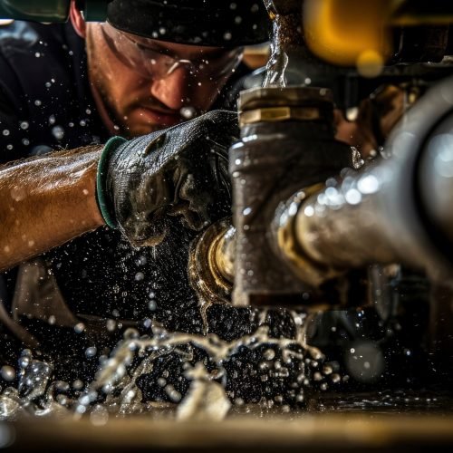 stationary water engineer at work. plumber carefully fixes a leak from tubes using a wrench.